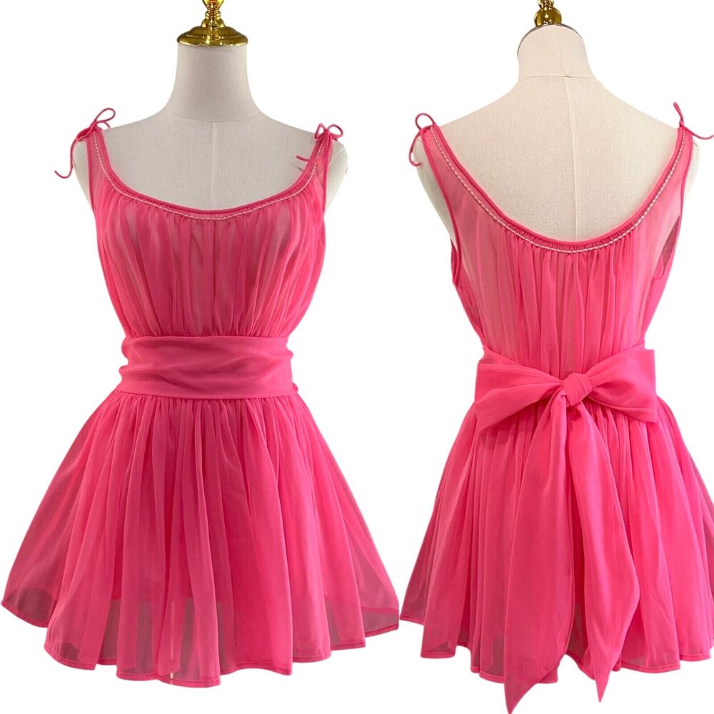 Vintage 50s Bubblegum Pink Nylon Chiffon Pearl Trim Babydoll Nightie Set Size M - Picture 1 of 16
